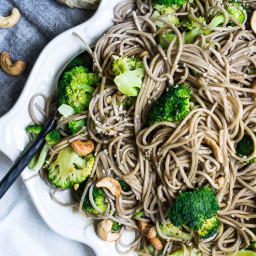 Broccoli and Soba Noodles with Roasted Chili Lime Cashews and Soy Ginger Dr