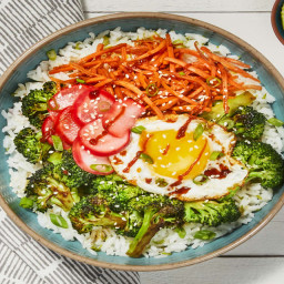 Broccoli-Carrot Donburi with a Fried Egg over Scallion Lime Rice with Pickl