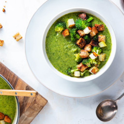 Broccoli Cheddar Soup with Miso Garlic Croutons