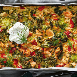 Broccoli, salmon and rice tray bake slice recipe