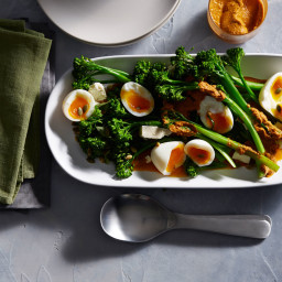 Broccolini, soft-boiled eggs and pumpkin seed sauce