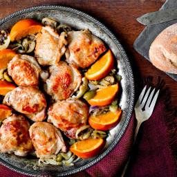 Broiled Chicken Thighs with Oranges, Fennel and Green Olives