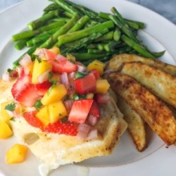 Broiled Cod with Strawberry-Mango Salsa + Seasoned Oven Fries + Asparagus