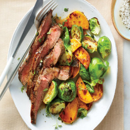 Broiled Flat Iron Steak with Brussels Sprouts and Sweet Potatoes
