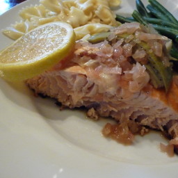 Broiled Salmon with Artichoke in a Lemon Shallot Sauce