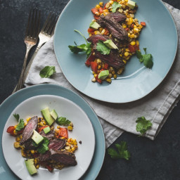 Broiled Southwestern Skirt Steak over Corn and Red Pepper Hash