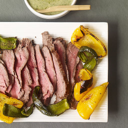 Broiled Steak and Peppers with Easy Spicy Green Sauce