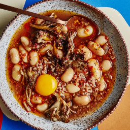 Brothy Beans and Farro with Eggs and Mushrooms