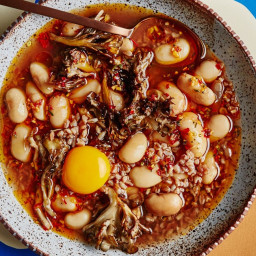 Brothy Beans and Farro with Eggs and Mushrooms