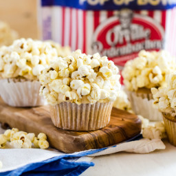 Brown Butter Cupcakes with Caramel Frosting and Popcorn