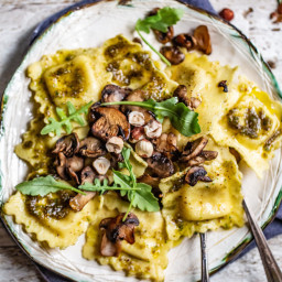 Brown Butter-Hazelnut Pesto Ravioli with Crispy Mushrooms