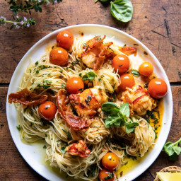 Brown Butter Lobster Pasta with Burst Cherry Tomatoes.