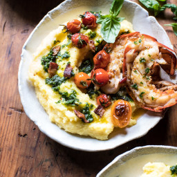 Brown Butter Lobster with Kale Pesto Polenta and Cherry Tomato Bacon Pan Sa