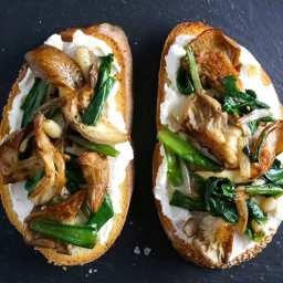 Brown Butter Ramps and Oyster Mushrooms on Ricotta Crostini