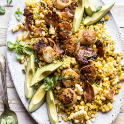 Brown Butter Scallops with Corn, Bacon, and Avocado Salad