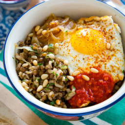 Brown Rice Bowl with Lentils, Caramelized Onions and Fried Egg