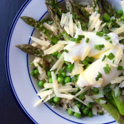 Brown Rice Bowl with Roasted Asparagus, Peas, Parm and Poached Egg