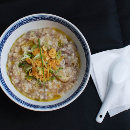 Brown Rice Congee With Beef, Shiitake, and Garlic Chips Recipe