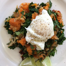 Brown Rice, Kale and Roasted Sweet Potato Sauté with Poached Eggs