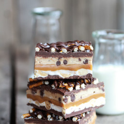 Brown Butter Chocolate Chip Cookie Dough Pretzel Snickers Bars