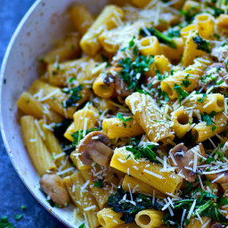 Browned Butter Rigatoni with Caramelized Mushrooms + Kale