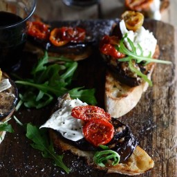 Bruschetta with Grilled Eggplant, Tomatoes, and Burrata