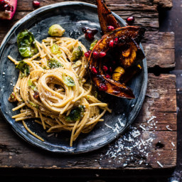 Brussels Sprout Carbonara with Chile Pomegranate Roasted Squash.