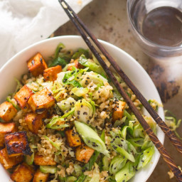 Brussels Sprout Fried Rice with Spicy Baked Tofu