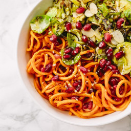 Brussels Sprouts and Sweet Potato Noodle Bowl with Pomegranates and Maple-S