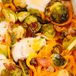 Brussels Sprouts, Bacon and Spiralized Sweet Potato Bake