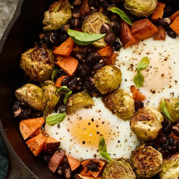 Brussels Sprouts, Black Bean and Sweet Potato Hash