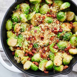 Brussels Sprouts Skillet with Crispy Pancetta-Garlic Bread Crumbs