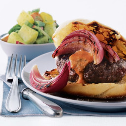 Buffalo Burgers with Pickled Onions and Smoky Red Pepper Sauce