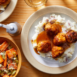 Buffalo Chicken Meatballs with Creamy Mashed Potatoes & Carrot-Celery S