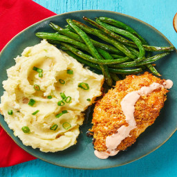 Buffalo-Spiced Crispy Chicken Cutlets with Monterey Jack, Mashed Potatoes, 
