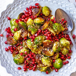 Burnt sprouts with pomegranate and sesame
