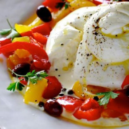 Burrata with peppers, olives and capers