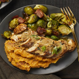 Butter-Basted Chicken Breasts with Candied Bacon Brussels Sprouts and Mashe