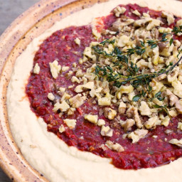 Butterbean hummus with red pepper and walnut paste