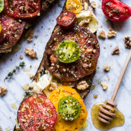 Buttered Brie and Heirloom Tomato Toast with Honey, Thyme + Walnuts.