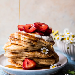 Buttermilk Pancakes with Chamomile Cream and Gingered Strawberries
