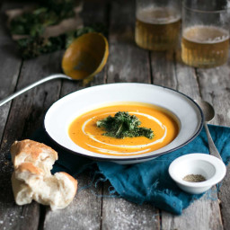 Butternut and apple soup with salt and vinegar kale chips