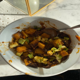 Butternut squash and black bean chili with avocado