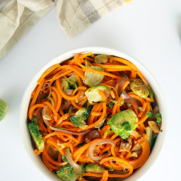 Butternut Squash Noodles with Shredded Brussels Sprouts, Walnuts and Carame