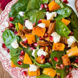 Butternut Squash Pomegranate and Goat Cheese Spinach Salad with Red Wine Vi