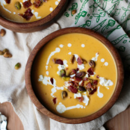Butternut Squash Soup with Bacon, Goat Cheese, and Pistachios
