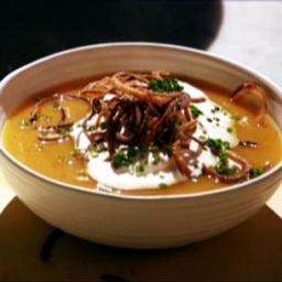 Butternut Squash Soup with Cinnamon Whipped Cream and Fried Shallots