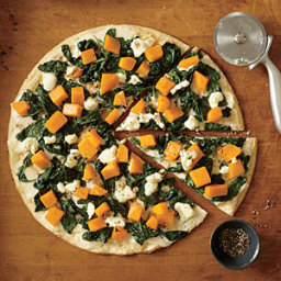 Butternut Squash Pizza with White Sauce, Spinach, and Goat Cheese