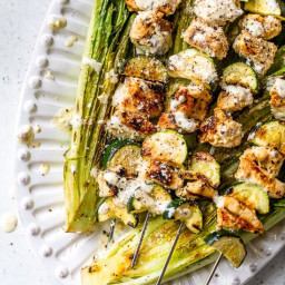 Caesar-Marinated Chicken Kabobs with Zucchini and Grilled Romaine