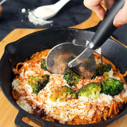 Cajun Broccoli Potato Noodle Pizza Skillet